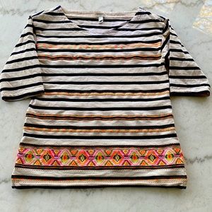 J Crew Striped Top with bright contrasting embroidery
